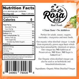 De La Rosa Organic Distilled White Vinegar, Raw & Unfiltered, Kosher for Passover, Vegan & Gluten Free, Great for Salad Dressing, Marinades, White Distilled Vinegar 5 Liter (Pack of 1)
