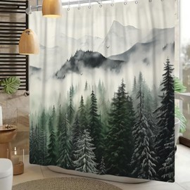 Kzzfqxb 165 x 180 cm Misty Shower Curtains with Hooks, White Mist Mountains Forest Pine Trees Woodland Landscape Waterproof Concealed for Bathroom Polyester Fabric Natural Decor for Bathroom Bathtub