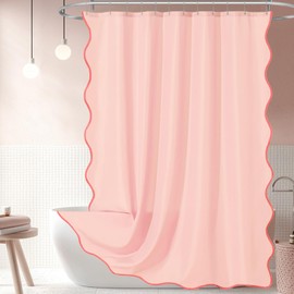 ORTIGIA Blush Pink Scalloped Shower Curtain, Light Pink Cute Shower Curtain Peach Aesthetic Preppy Boho Waterproof Fabric Girly Bath Bathroom Decor with Metal Hook 72 W x 72 H Inch