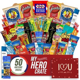 Military Valentine's Day Men's Hearty Snack Box ( 50 Piece Variety Gift Basket Care Package ) Jerky, Nuts, Chips, Pretzels, Variety Pack - My Hero Crate