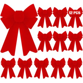 12 PCS Christmas Decor, 5 x 8 Inches Christmas Bows, Red Velvet Bows for Christmas Tree Hanging Red Christmas Bows PVC Outdoor Indoor Large Christmas Bows Xmas Party Supplies Wreath Railing Fence