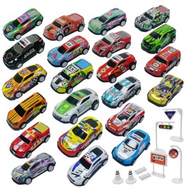 TOYABI Set of 22 Pull Back Cars and 8 Road Blocks - Ideal for Children's Birthdays, Car Toy with Police Car, Racing Car and Ambulance, for Children 3-8 Years