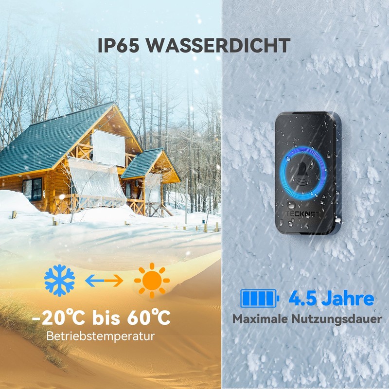TECKNET Wireless Doorbell, Wireless Doorbell Set, 400 m Range, IP65
