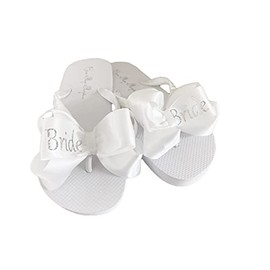 Silver Glitter Bride Bows on White Flat Wedding Flip Flops (White Bows/Silver Bride, 11)