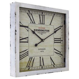 Yosemite Home Decor Square Wooden Wall Clock, White Frame, White Face, Black Text, Black Hands