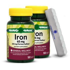 Iron 65 mg, 100 Tablets - Ferrous Sulfate 325mg, General Wellness Dietary Supplement + 7 Day Pill Organizer Included (Pack of 2)