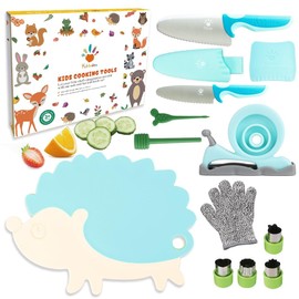 Kibbidea Kid Knife Set for Real Cooking, Kids Safe Cooking Knives with Cutting Board and Peeler, Stainless Steel Kids Safe Kitchen Knife Set for Real Food (Blue)