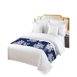 Navy Blue Coral Bed Runners for Queen Size Bed, Decorative Bed Throws for Foot of Bed, Coastal Summer Beach Nautical Seaside Bed Runner Sofa Throw Bedding Scarf Protector Slipcover for Bedroom/Hotel