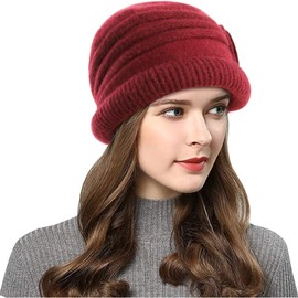 Wantonfy Beanie Hat for Ladies Double Layer Fleece Line Winter Rib Knit Hats Beret Hat French Cap Vintage Knitted Braided Crochet Chic Light Weight Vintage Pretty Classic Red