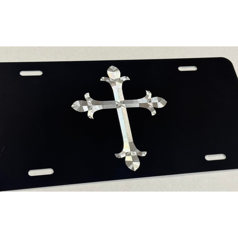 Silver Engraved 3D Christian Cross Car Tag Diamond Etched Vanity
