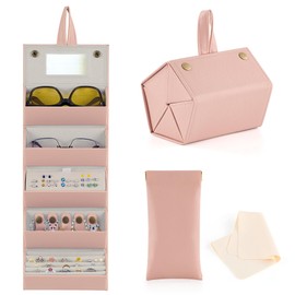 CO-Z 5-Slot Jewelry Organizer, Folding Jewelry Organizer for Multiple Pairs with Mirror, Travel Sunglasses Case for Women & Men, Sunglasses Storage Case with Carry Handle, Pink