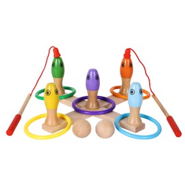 TOWO Wooden Skittles Game - Fishing Game and Quoits Ring Toss Game 3 in 1 - Kids Bowling Game Garden Activity Toys - Magnetic Fishing Game - Wooden Toys for 3 year old
