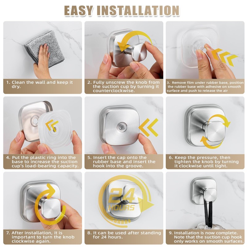 Fenas No-Drill Reusable Suction Cup Hooks, 2-Pack Brushed Nickel –