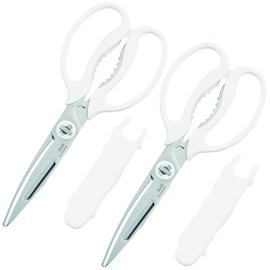 Multi-Purpose Kitchen Shears – Meat & Vegetable Cutter, Crab Cracker, Vegetable Peeler, Jar & Bottle Opener, Knife, Safety Cap, Dishwasher Safe (2 Pair, White)