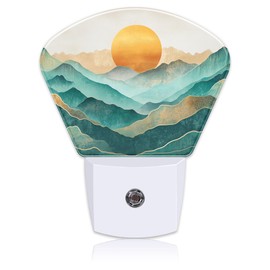 Abstract Golden Sun Plug in Night Lights, Green Mountains Nightlight Plug Into Wall Dusk to Dawn Sensor for Kid Girls Boys Women Men Room, Hallway, Kitchen, Bathroom, Stairs Decor