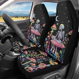 Quelytytrip Skull Galaxy Mushroom Print Car Seat Cover Front Seats Only for Women,Universal Fit for Most Cars,SUVs,Sedan,Truck or Van