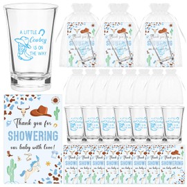 LIUBUJINGYING 60 Sets Western Cowboy Baby Shower Acrylic Shot Glasses A Little Cowboy is On The Way Shot Glasses with Thank You Cards Organza Bags for Gender Reveal Cowboy Themed Birthday (Blue)