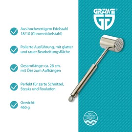 GRÄWE Fleischhammer aus Edelstahl, doppelseitig, Fleischklopfer mit Zwei Bearbeitungsflächen inkl. glatter und genoppter Fläche, 28 cm