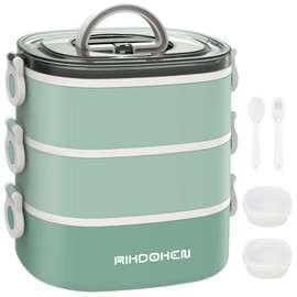 RIKDOKEN Lunch Box, Stackable 3 Layers Containers, Portable 94OZ Large Capacity Leakproof Bento Box with Spoon & Fork & Sauce Boxes, Microwave Safe Lunch Box for Kids and Adults