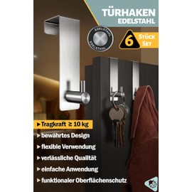 Menz Door Hooks – Pack of 6 Stainless Steel Door Hooks for Hanging, Sturdy Clothes Hooks, Door Hooks for Hanging as Flexible Door Coat Rack for Hanging, Door Hook Rail