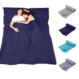 Plliocse Sleeping Bag Liner, Portable Travel Camping Sheet, 180 x 210 cm Double Size Sleeping Bag Liner with Pillow Pockets for Adults Hotels Business Trip Camping (Navy Blue, 180cm x 210 cm)