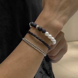 Pearl Bracelet for Men Punk Pearl Chain Bracelet for Boyfriends Black Metal Chain Stitching Faux Pearl Bracelet Cool Men's Beaded Bracelet for Birthday Gifts Christmas Gifts (Style C)