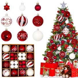 44PCS Christmas Baubles Plastic, Christmas Tree Baubles, Christmas Ornaments, Christmas Baubles White & Red, Christmas Tree Decorations, Christmas Decoration for Outdoor Indoor