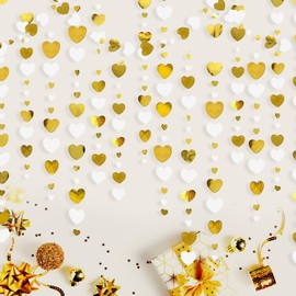 52Ft White and Gold Love Heart Garland Wedding Hanging Paper Streamer Decorations Banner for Anniversary Engagement Birthday Bridal Shower Valentines Day Christmas Party Decoration Supplies