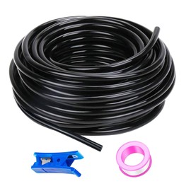 HUAZIZ 50 m Black PU Pneumatic Hose, Pneumatic Polyurethane, Flexible Compressed Air Hose, Outside 4 mm x Inner 2.5 mm + 1 Piece Blue Hose Cutter + 1 Piece Pink Teflon Tape