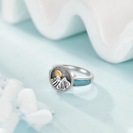 HKPATOP Mountain Ring 925 Sterling Silver Mountain Peak with Sun Signet Turquoise Ring Nature Jewelry Gift for Skiers Hikers Campers Climbers and Nature Lovers #8