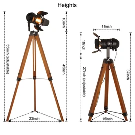 Decoluce Vintage Tripod Floor Lamp, Height Adjustable Wooden Camera Tripod Rotatable Spotlight Tall Standing Light, Nostalgic Cinema Lamps for Living Room, Bedroom, Studios Decor(Black)