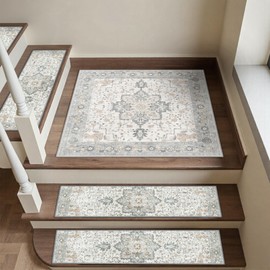 sarben Carpet Stair Treads Non Slip 15PCS, 8" X 30" Edging Stair Runner for Wooden Steps Indoor, Resistant Stair Rugs with Reusable TPE Adhesive Backing, Residue Mat for Elders, Pets, Ashstone/Grey