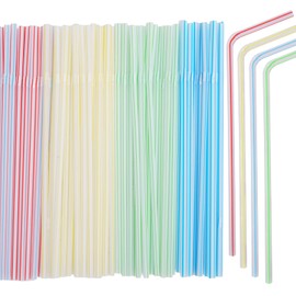 200 disposable plastic straws - flexible, durable, bendable straws - classic colored stripes (8.8inch)
