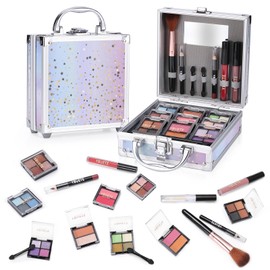 YBUETE Beginner Makeup Set for Teen Girl Women, Makeup Present for Her, Makeup Kit with Cosmetic Train Case Contained Eyeshadow Blush Lip Gloss and Oil Lip Liner Eyeliner Brushes Mirror (Purple)