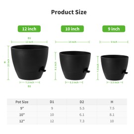 FaithLand 3-Pack Large Planter Pots, 12 10 9 Inch Self Watering Flower Pots for Indoor Outdoor Garden Plants, Black