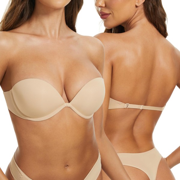 Women's Strapless Bra Push Up-Non Slip Invisible Underwire Low Back