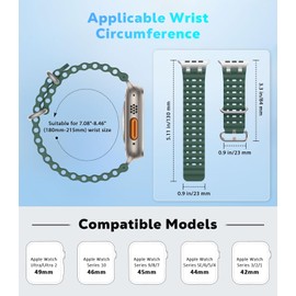 Astorgos Upgraded Ocean Band Compatible with Ultra 2/Ultra 49mm,S10 46mm,9/8/7 45mm,SE2/SE/6/5/4 44mm,3/2/1 42mm, Metal Connector Breathable Sport Watch Strap for Men Women, Silver/Green