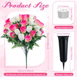 XunYee 2 Pack Artificial Cemetery Flowers with Vase 48 Heads Thanksgiving Memorial Flower Grave Fake Silk Rose Bouquet Faux Flower Arrangement for Graveside Headstone Tombstone(White and Pink)