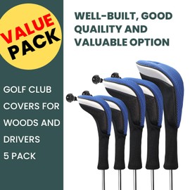 FINGER TEN Golf Club Head Covers for Woods Long Cover Driver Hybrid Fairway, Headcovers with Interchangeable No. Tag Novelty Durable Fit Woods Clubs (Blue-5 pack (1 Driver& 2 Fairway&2 Hybrid))
