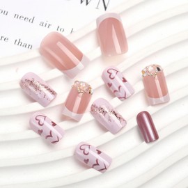 BFY Valentines Day Press on Nails Short Square Fake Nails, white French Champagne Hearts Foil with Rhinestones Acrylic Nails Set Stick Glue on Nails, False Nails Nail Accessories Decorations 24 Pcs