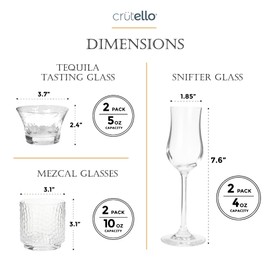 Crutello Tequila Sipping Glasses - Set of 6, 3 Unique Style Mezcal Glassware - 10 & 5 oz Tequila Tasting Glasses & 4 oz Copita Snifter Glass, Best Gifts for Alcohol Lovers