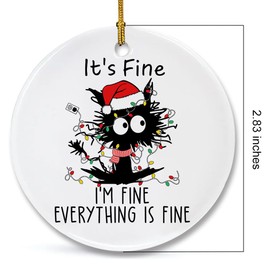Funny Christmas Ornament for Xmas Tree Decorations, It's Fine I'm Fine Everything is Fine Black Cat Ceramic Ornament for Christmas Decorations, Funny Cat Gifts for Cat Lover