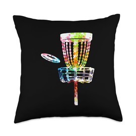 Retro Disc Golf Frisbee Basket Cart Disc Golf Players Throw Pillow