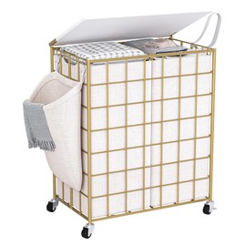 DXIGUSO Laundry Basket with Wheels, Heavy Duty Laundry Sorter 2 Sections, 120L (32Gal.) Large Capacity Hamper with Wood Lid, 360 Rolling Wheels, Extra Side Pocket, Leather Pull Handle, Golden+Beige
