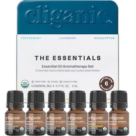 Cliganic Set de Aceites Esenciales Orgánicos - 6 Frascos (Menta, Lavanda, Eucalipto, Árbol de Té, Lemongrass y Naranja) - Aromaterapia 100% Puros y Naturales (El Embalaje Puede Variar)