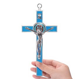 7 Inch Big Crucifix Wall Cross With Bail Metal Colour Enamel Saint Benedict Medal INRI Cross Wall Art Give Blessing and The Spiritual Sacred:Faith Gift for your Acquaintances (Blue)