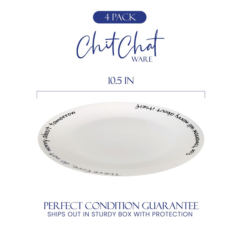 ChitChat Ware Porcelain Dinner Plates, 4Pcs White Round Dessert or