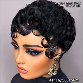 Short Curly Pixie Cut Wig Human Hair Short Human Hair Wigs For Black Women Glueless Wigs Pre Plucked Short Curly wigs With Bangs For Daily Use Full Machine Natural Black Color 1B