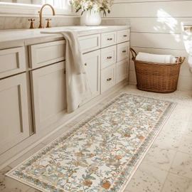 TOPICK Flower Runner Hallway Washable Kitchen Runner Short Pile Vintage Orange/Blue Romantic Rug 60 x 210 cm Antibacterial Foldable Non-Slip Thin Rug for Bridges Bedroom Living Room Hallway