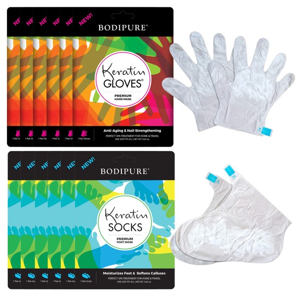 BODIPURE Premium Keratin Gloves and Socks – Anti-aging Moisturizing Gloves & Socks for Dry Hands and Cracked Heels - Hand Masks & Foot Masks Made With Natural Ingredients – Pair in a Pack – (6+6 Pack)
